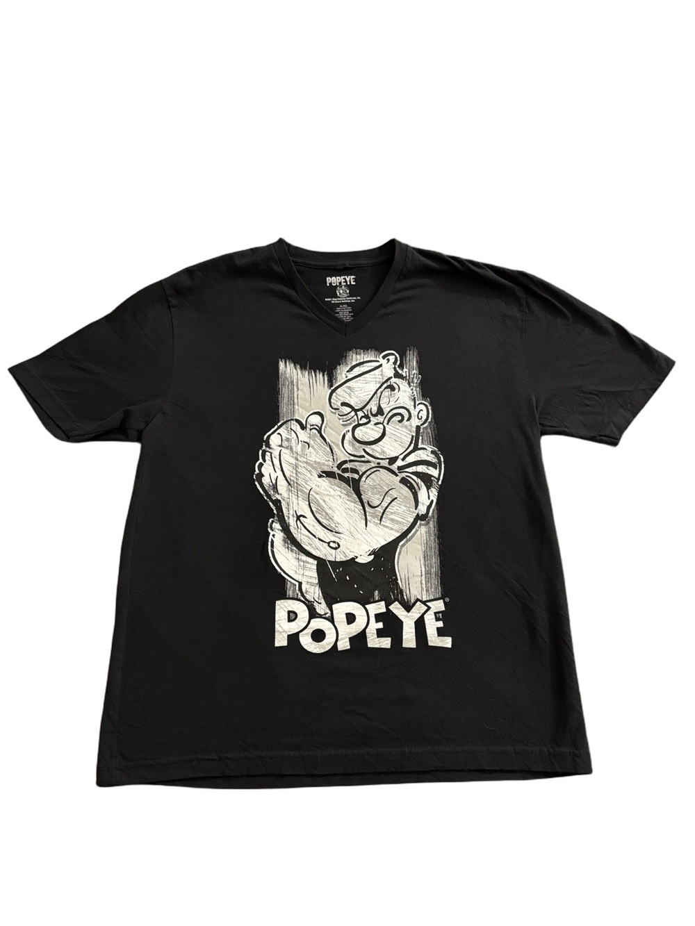 Popeye Black Graphic V-Neck T-Shirt XL Cartoon Sailor Character Cotton